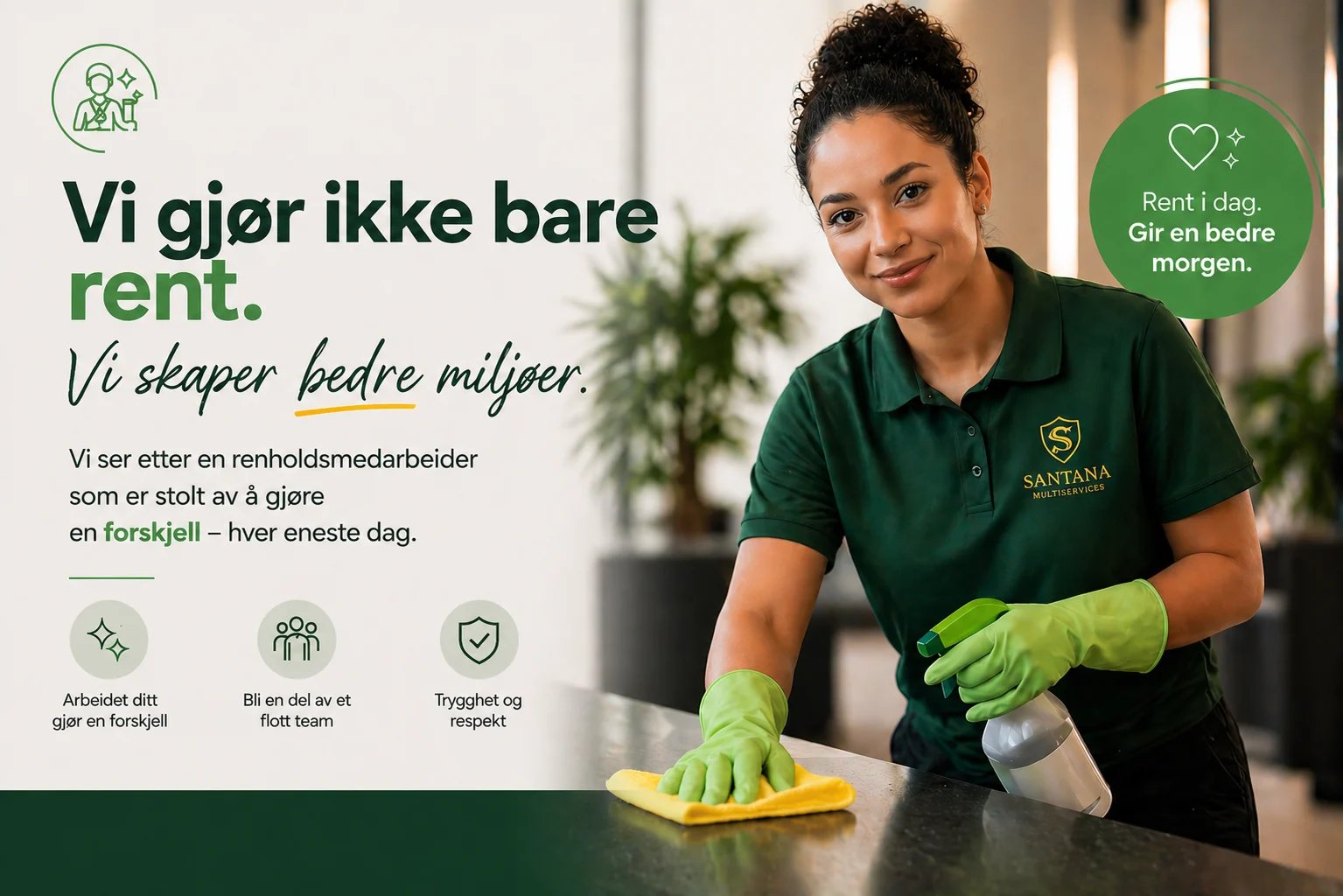 Smiling woman in green cleaning uniform wearing yellow gloves, wiping a surface with a cloth. Norwegian text about cleaning services displayed on left and green badge on right.